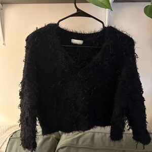 Black Fuzzy V-Neck Sweater